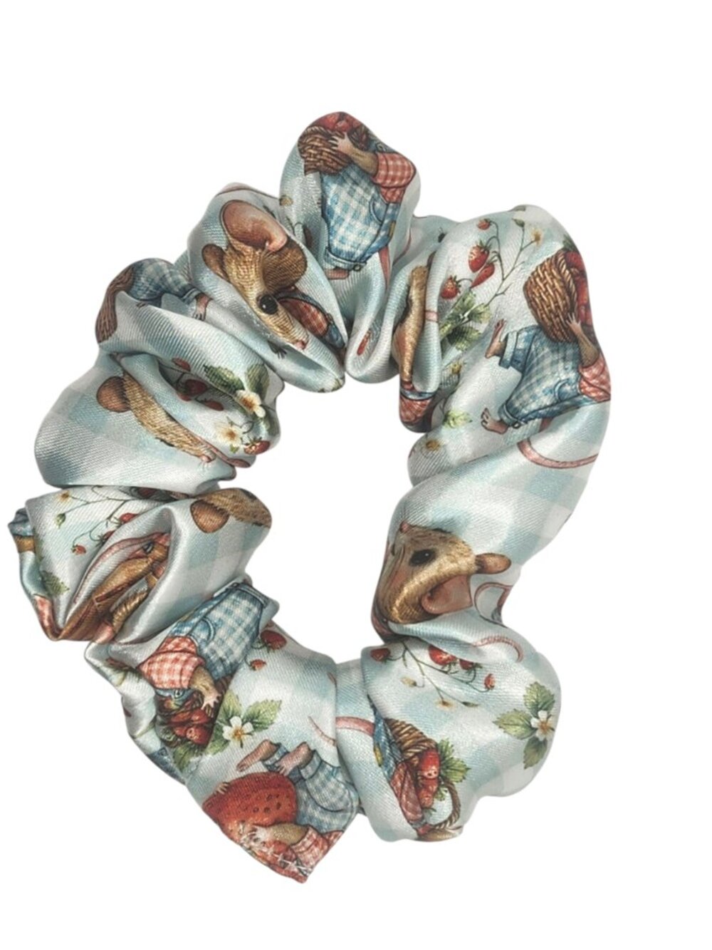 Satin Hair Scrunchie Gingham Strawberry Mice Print